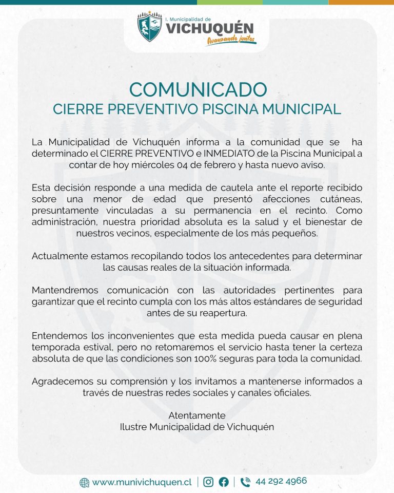 Comunicado Oficial | Cierre Preventivo Piscina Municipal
