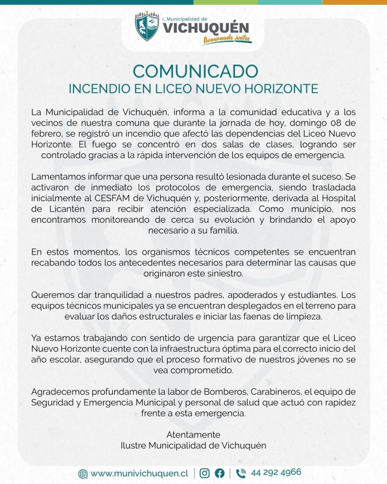 Comunicado Oficial | Incendio en Liceo Nuevo Horizonte