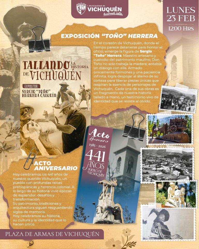 Vichuquén celebra 441 años de historia con acto conmemorativo e inauguración de la exposición del artesano Sergio “Toño” Herrera Calquín.