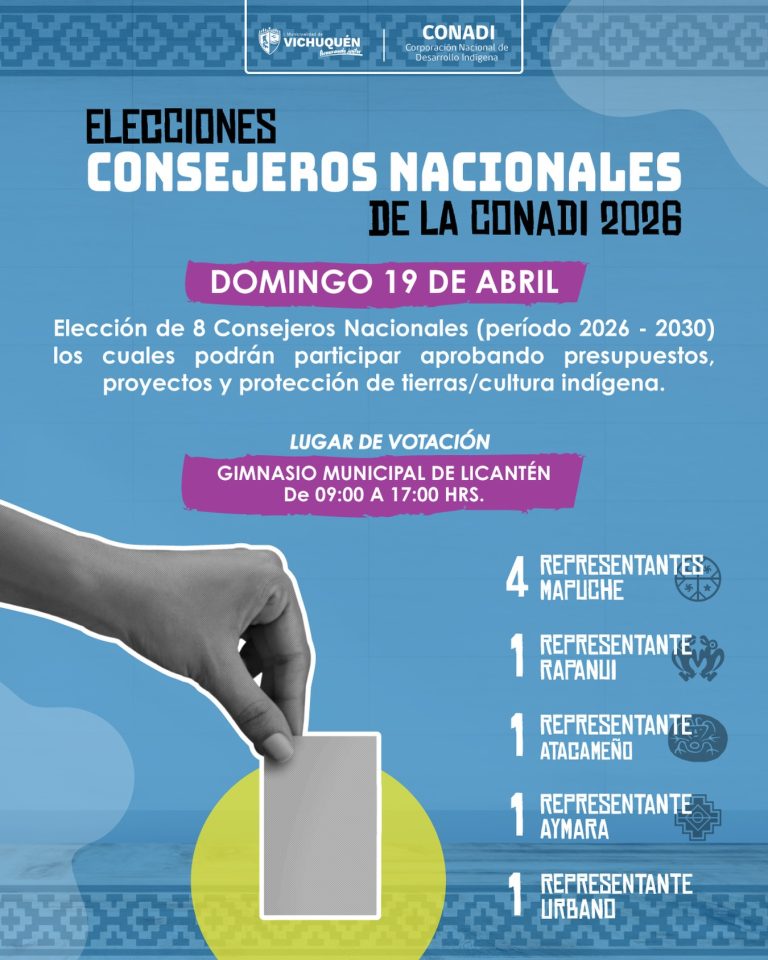 ¡Atención comunidades indígenas de Vichuquén! El próximo domingo 19 de abril son las Elecciones de Consejeros Nacionales de la CONADI 2026.