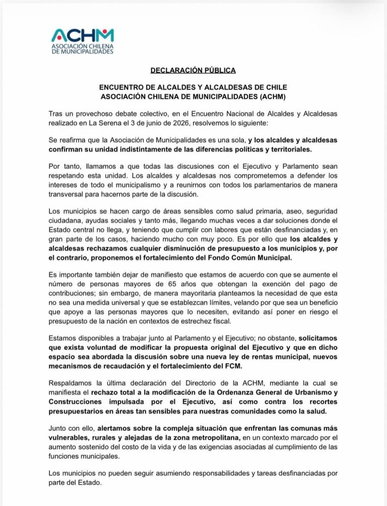 VICHUQUÉN RESPALDA Y HACE PROPIA LA DECLARACIÓN PÚBLICA DE LA ACHM